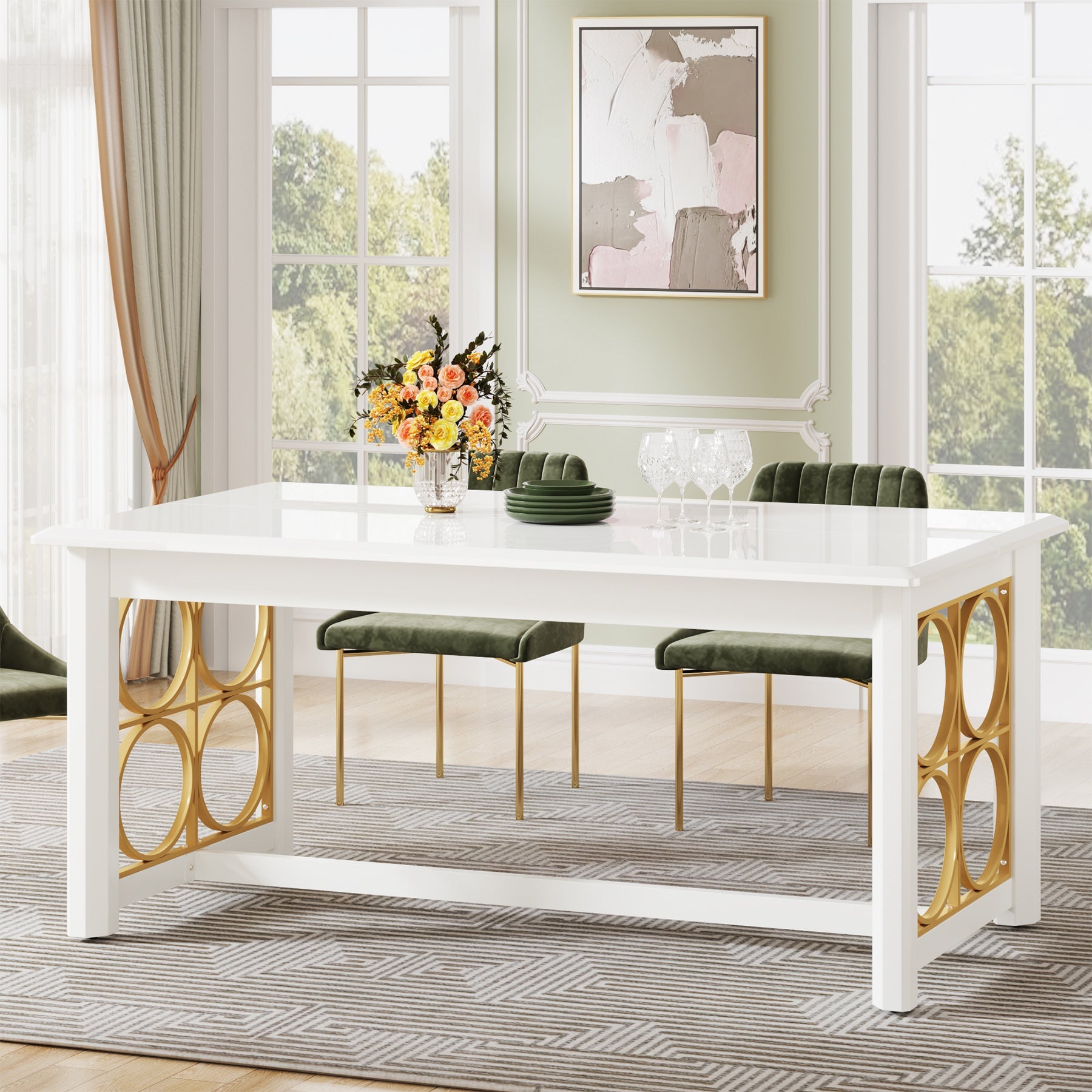 63 Dining Table with Gold Metal & Glossy Surface for 4-6 People