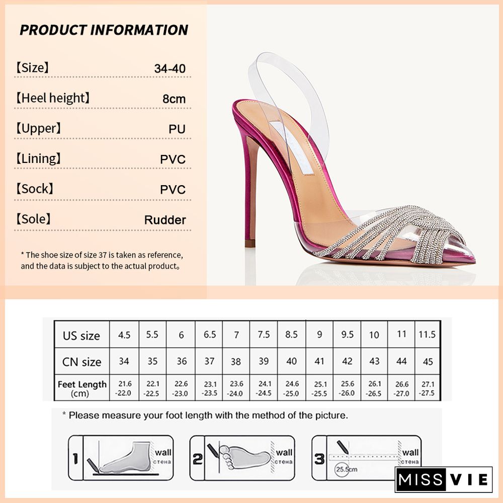 New Fashion Women Pumps Sandals Summer Sexy High Heels Rhinestones Elegant Pointed Toe Transparent PVC Party Shoes