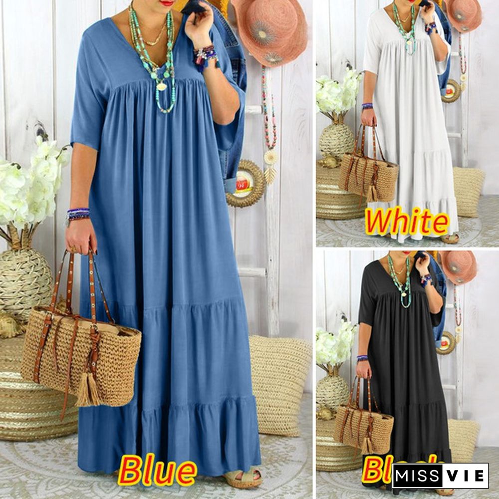 Women's Fashion Maxi Dress Casual Short Sleeve V Neck Loose Pleated Tunic Dress Kaftan Dress Kleid Plus Size