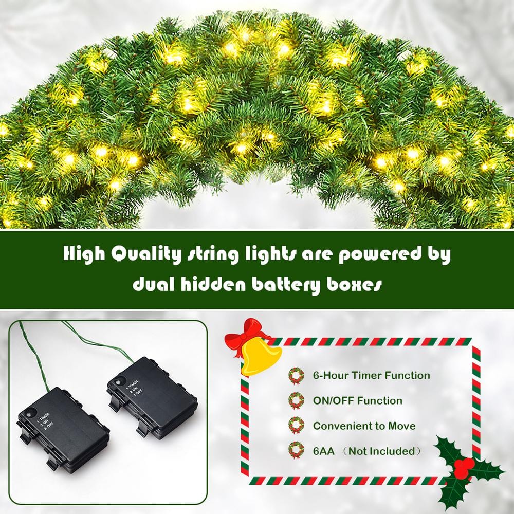  48 in. Green Cordless Pre-Lit LED Artificial Christmas Wreath 714 Tips with 200 LED Light and Timer GHM0334