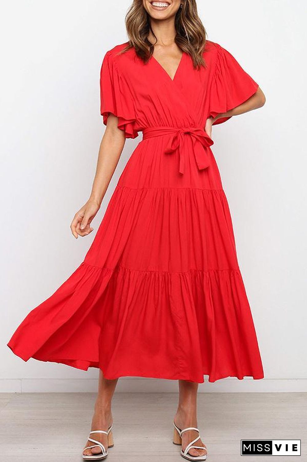 Ruffled Sleeve V-neck Tie Waist Maxi Dress P14492