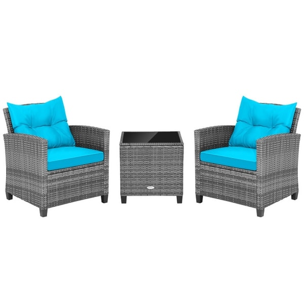 3Piece Outdoor Wicker Patio Furniture Set with Tempered Glass Coffee Table