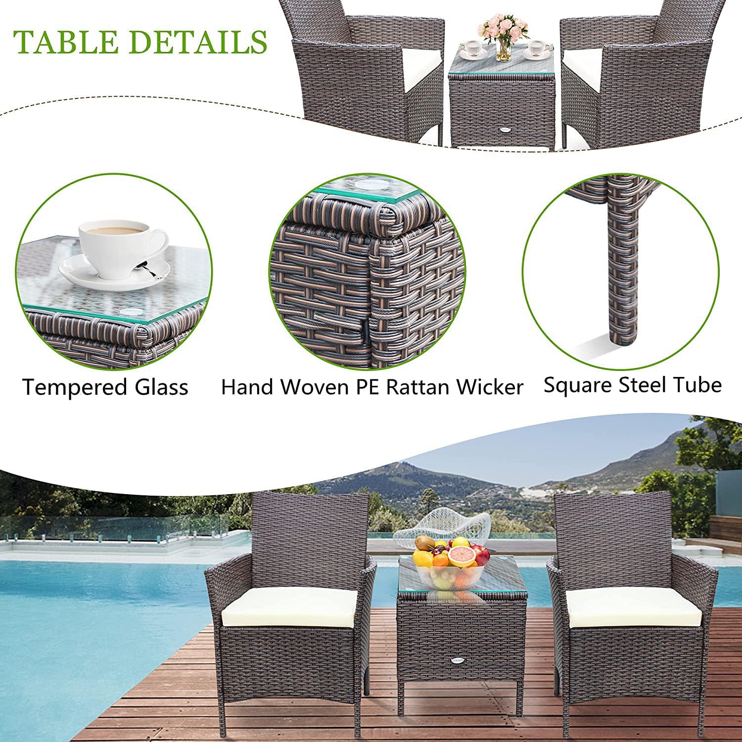 Lacoo 3 Pieces Outdoor Patio Furniture PE Rattan Wicker Table and Chairs Set Bar Set with Cushioned Tempered Glass, Brown/Beige, 2