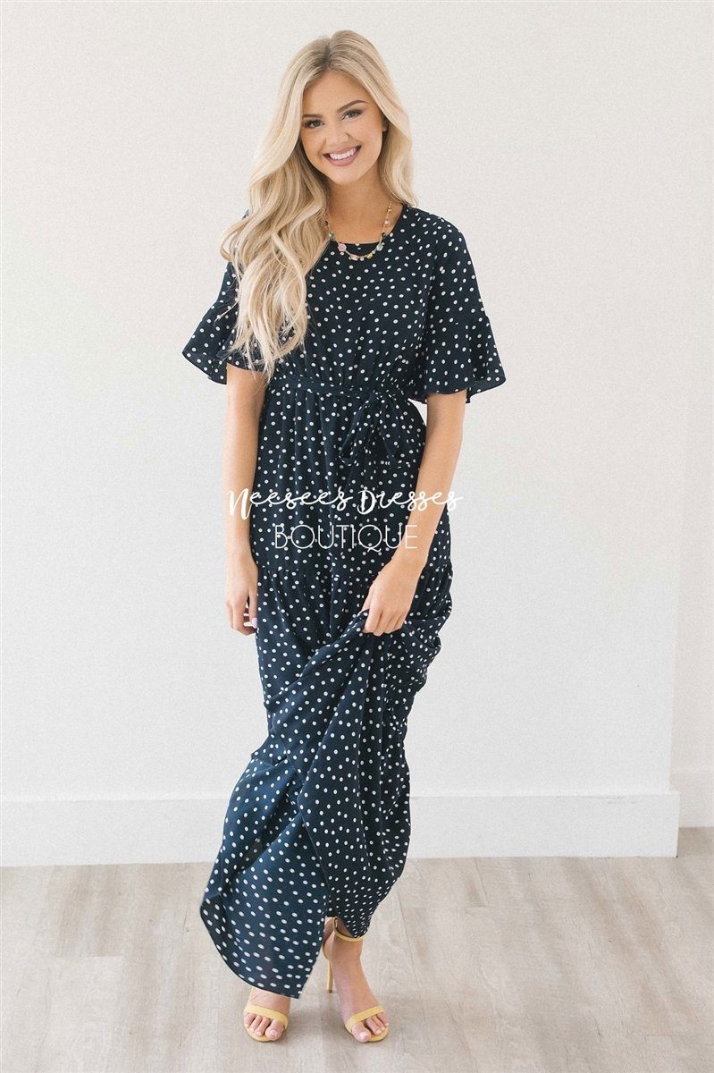 Polka Dot Flutter Sleeve Tiered Maxi Dress