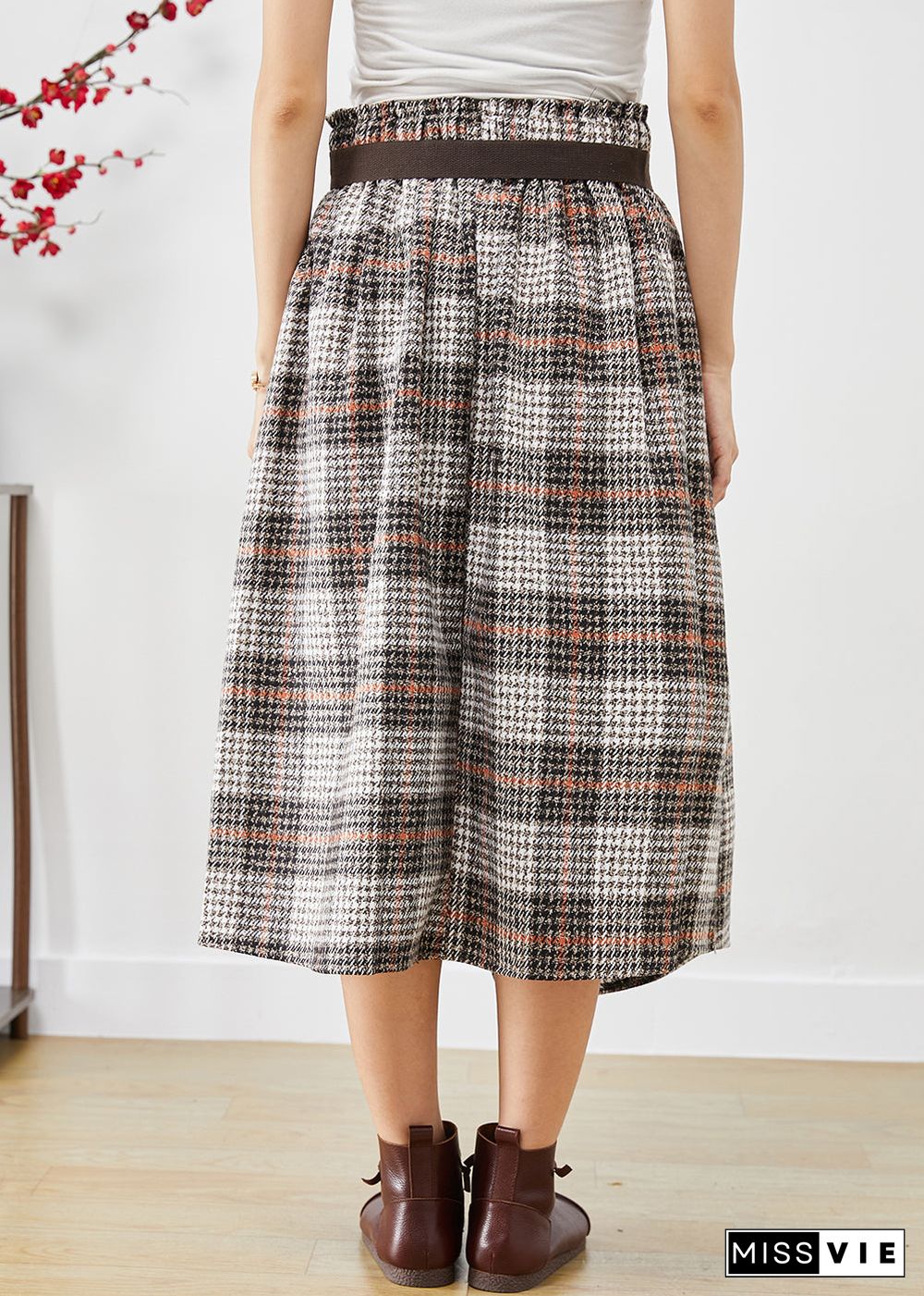 Beige Plaid Woolen Skirts Asymmetrical High Waist Fall