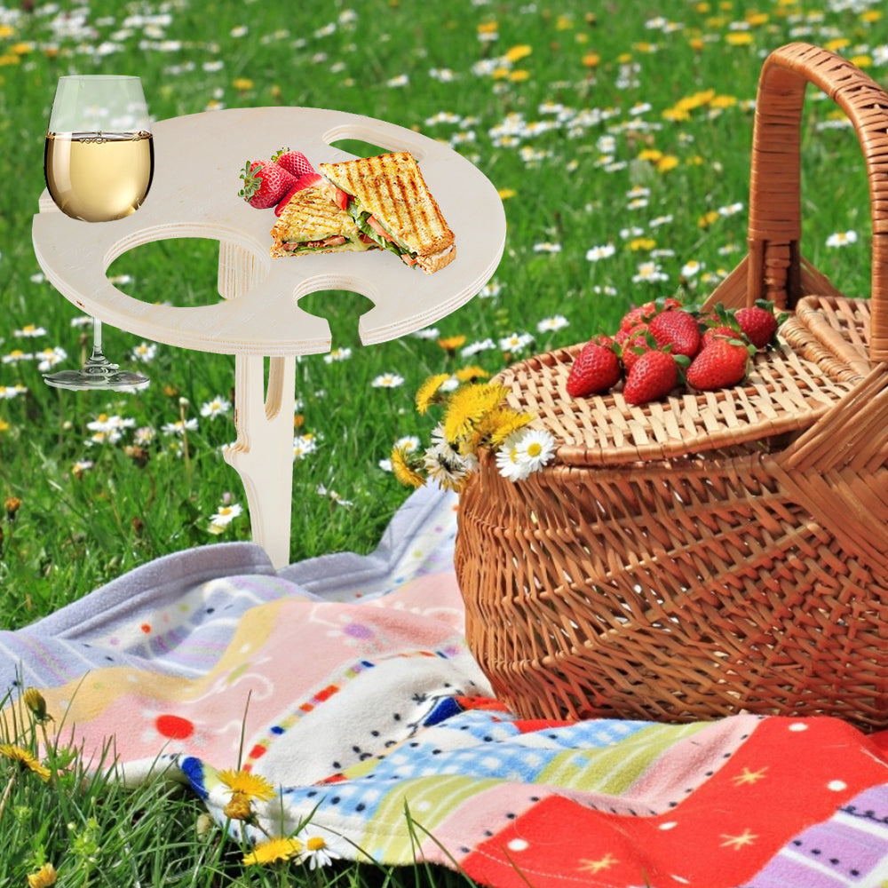 Miuline Portable Wine Table Outdoor， Wine Table Wooden Portable Beach Table Picnic Table Modern Wine Glass Rack Round Desktop Foldable Bamboo Snack Table