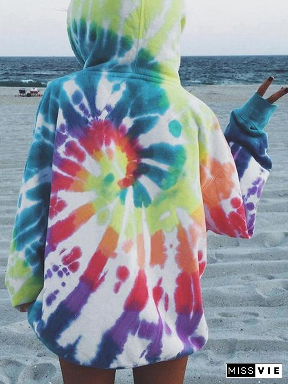 Tie-Dye Long Sleeve Drawstring Pullover Hoodie