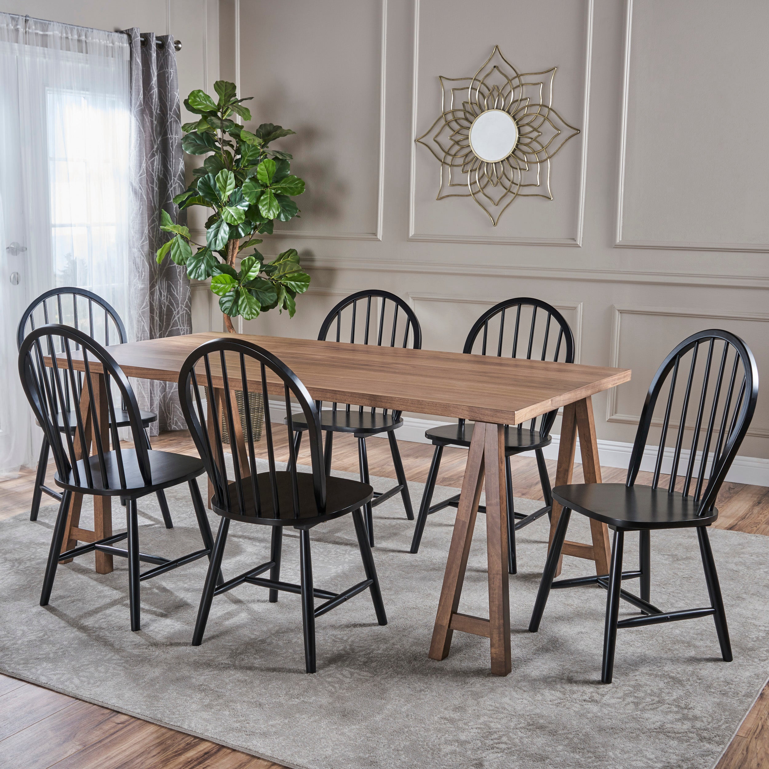 Angela Farmhouse Cottage 7 Piece Faux Wood Dining Set with Rubberwood Chairs