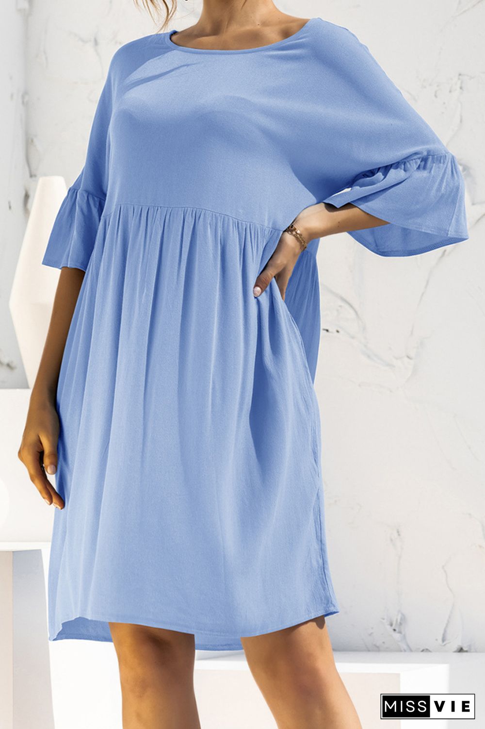 Solid Color Short Sleeve Panelled Pocket Loose Dress Wholesale