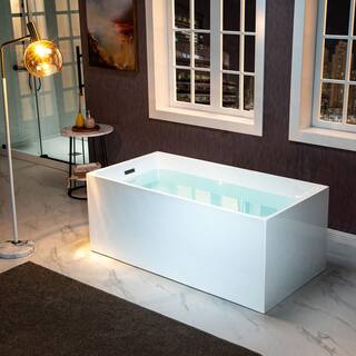 WOODBRIDGE Ahri 59 in. Acrylic Flatbottom Rectangle Bathtub with Matte Black Overflow and Drain Included in White HBT5897