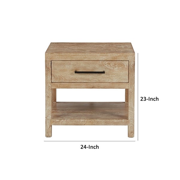 24 Inch Square Side End Table， Brown Mango Wood， Single Gliding Drawer