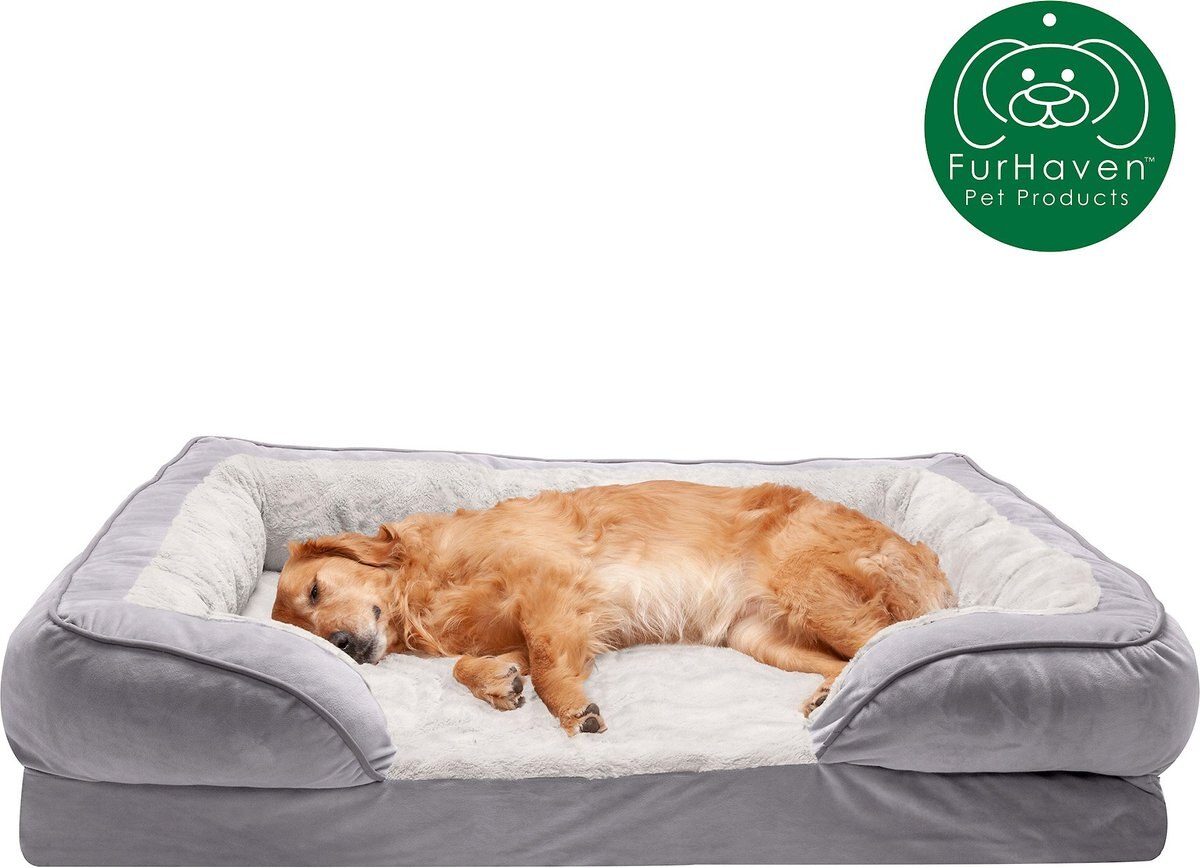 FurHaven Velvet Waves Perfect Comfort Cooling Gel Bolster Cat and Dog Bed w/Removable Cover