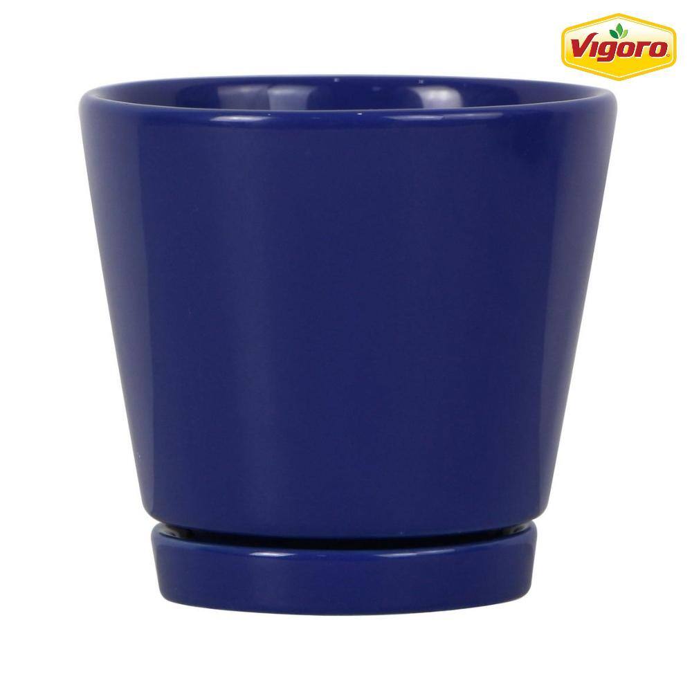 Vigoro 4.4 in. Piedmont Small Blue Ceramic Planter (4.4 in. D x 4.2 in. H) with Drainage Hole and Attached Saucer CR01721S-04M2