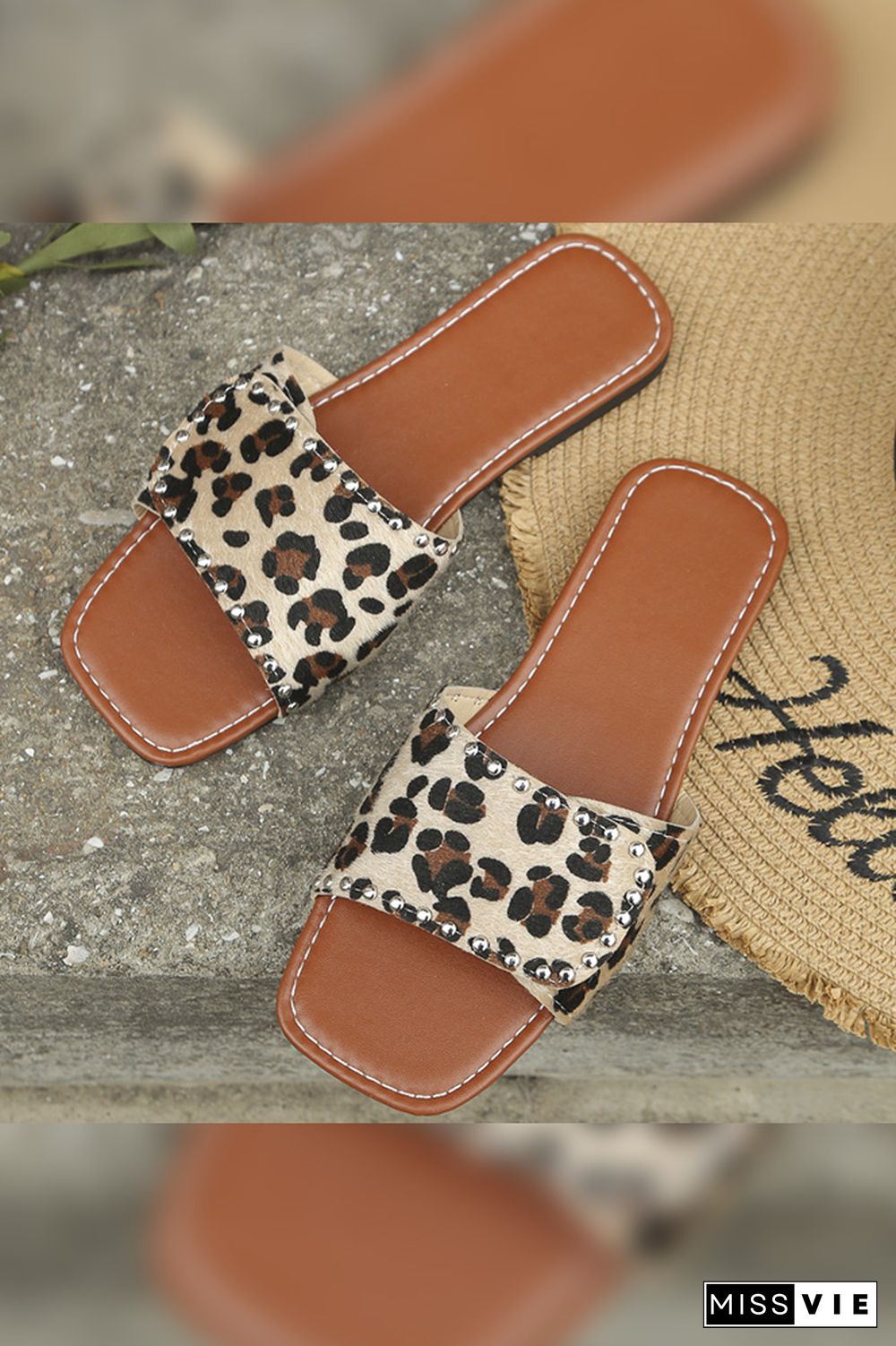 Cow Print Rivet Flat Slippers