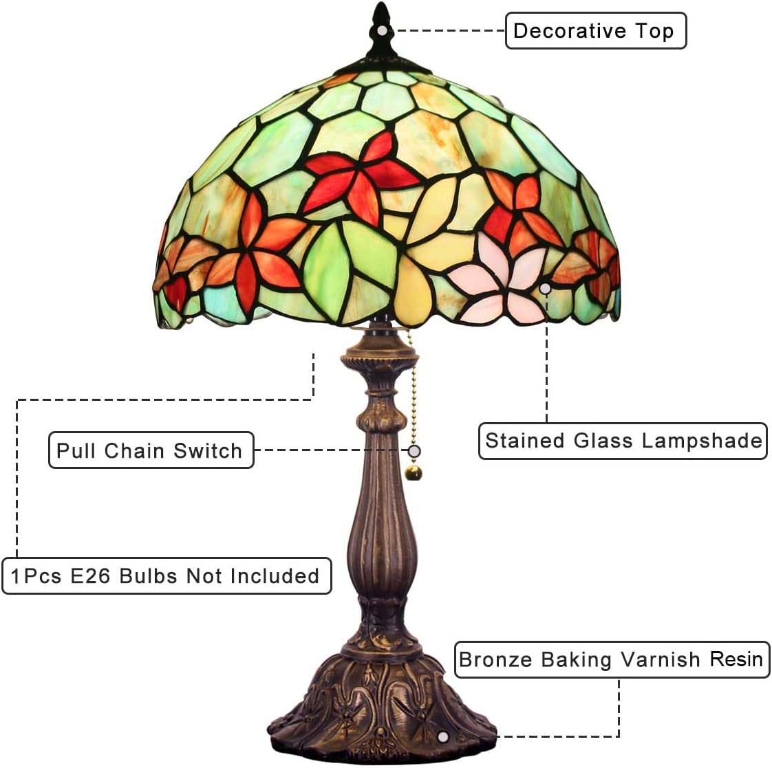 SHADY  Style Table Lamp W12H19 Inch Stained Glass Flower Antique Bedside Nightstand Desk Reading Lamp Work Study Desktop Light Decor Home Kids Bedroom Living Room Office Pull Chain