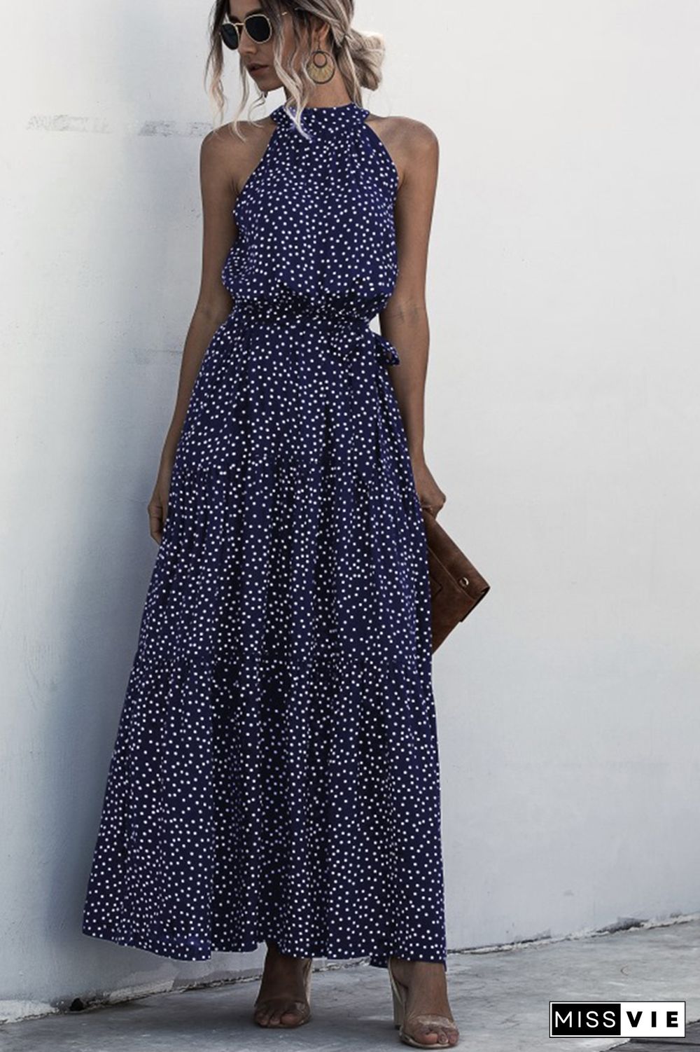 Halter Polka Dot Print Tie Waist Maxi Dress Wholesale