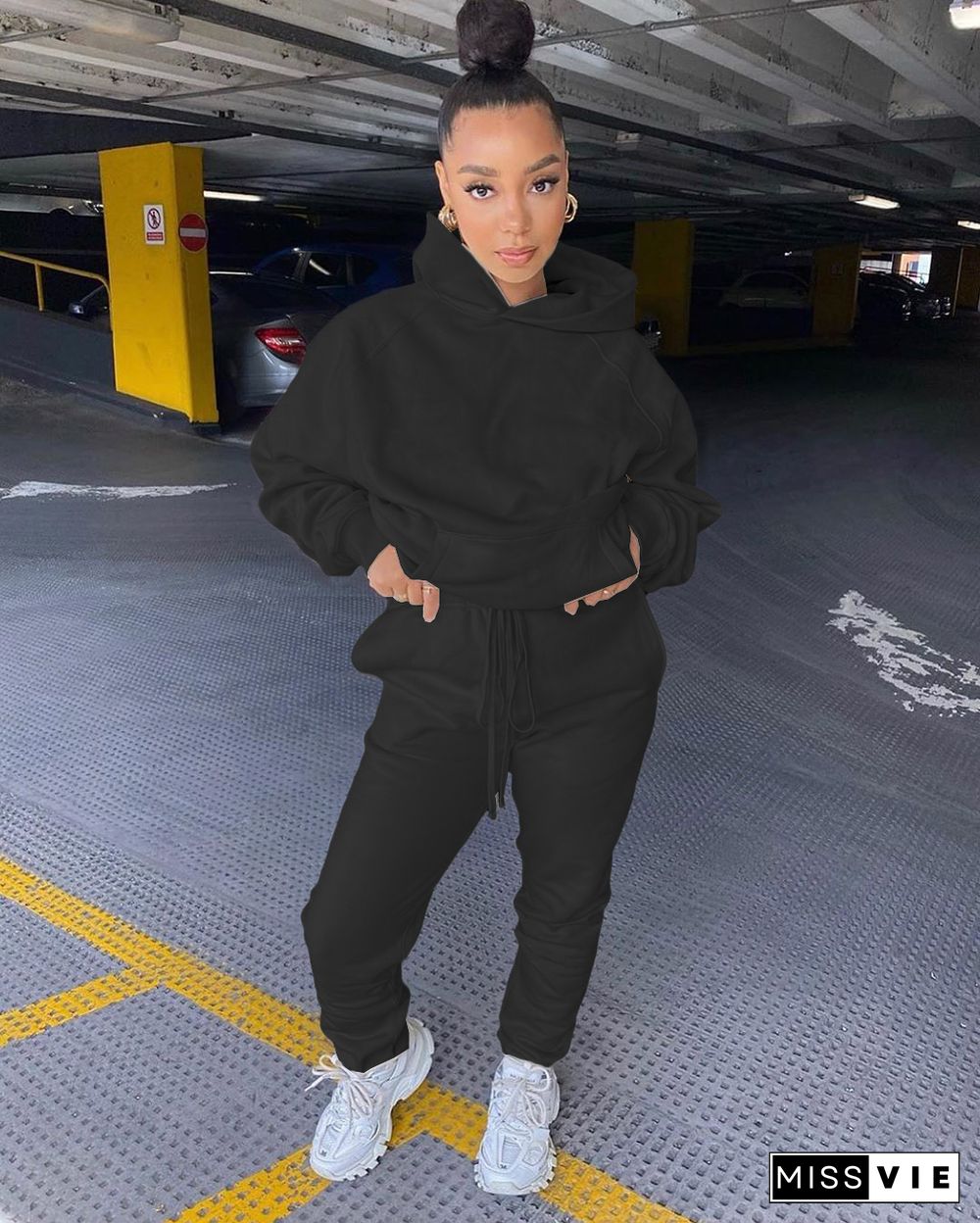 Solid Color Long Sleeve Hoodie Sweatpants Two-piece Set