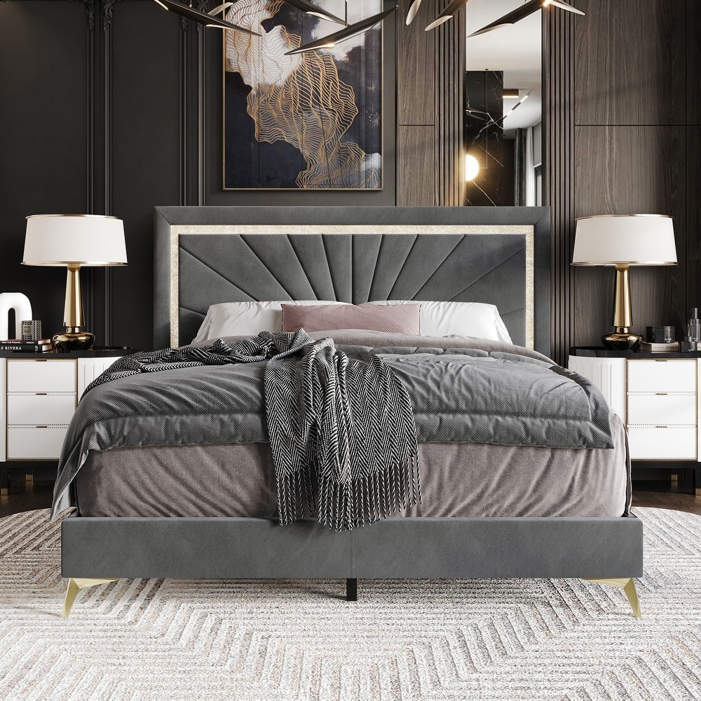 CraftPorch Luxurious Diamond Strip Velvet Upholstered Bed