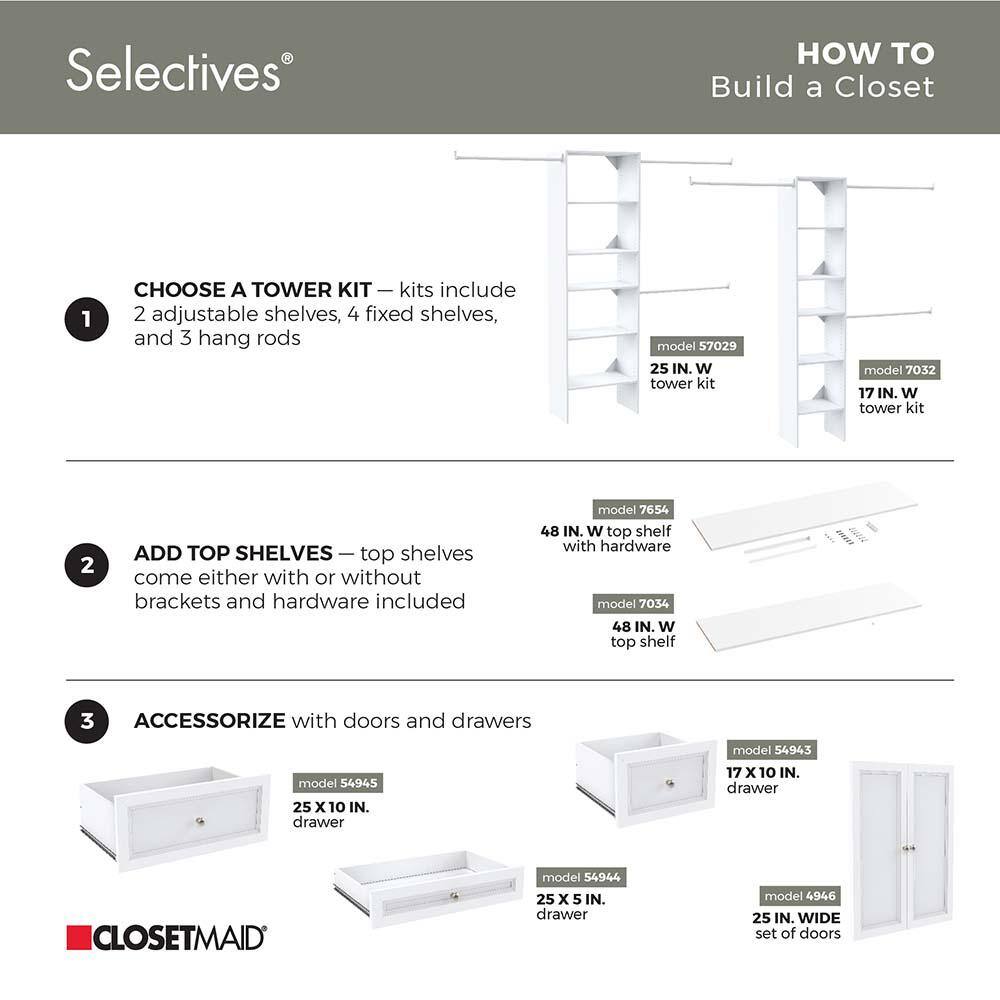 ClosetMaid Selectives 60 in. W - 120 in. W White Reach-In Tower Wall Mount 6-Shelf Wood Closet System 5702900