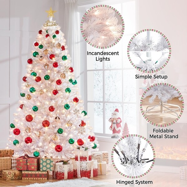 7.5ft Prelit Spruce Artificial Hinged Christmas Pine Tree Prelighted Xmas Tree with 550 Warm White Lights and 1354 Branch Tips