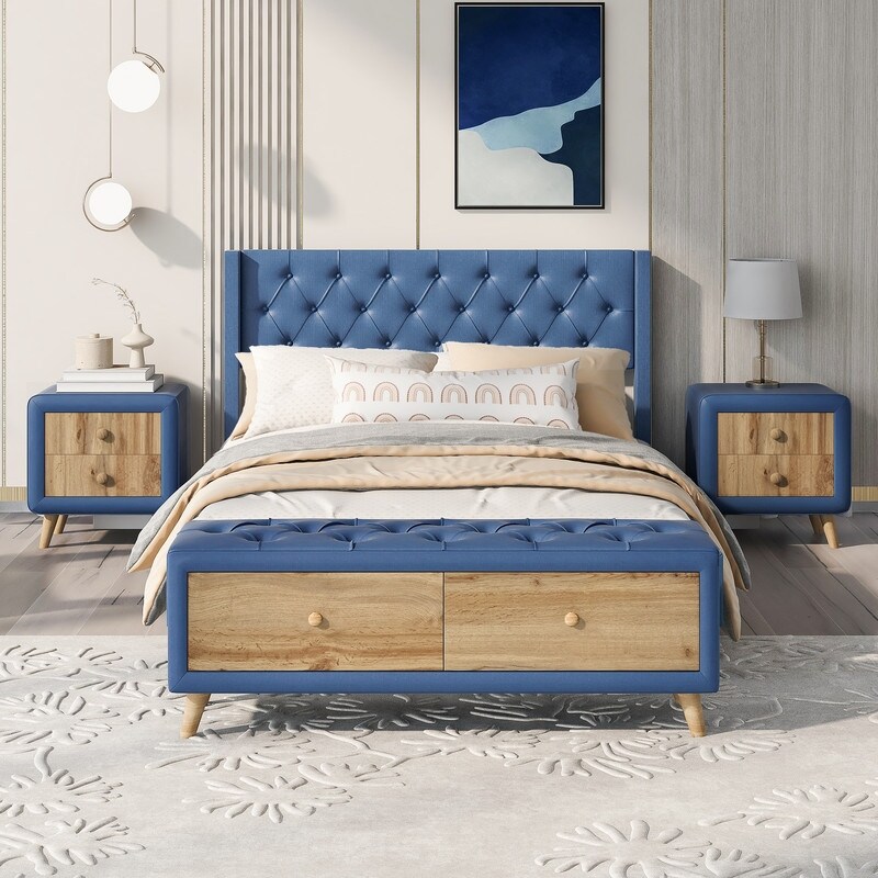 4 Pieces Bedroom Sets Queen/Full Size Upholstered Platform Bed with 2 Nightstands and Storage Bench