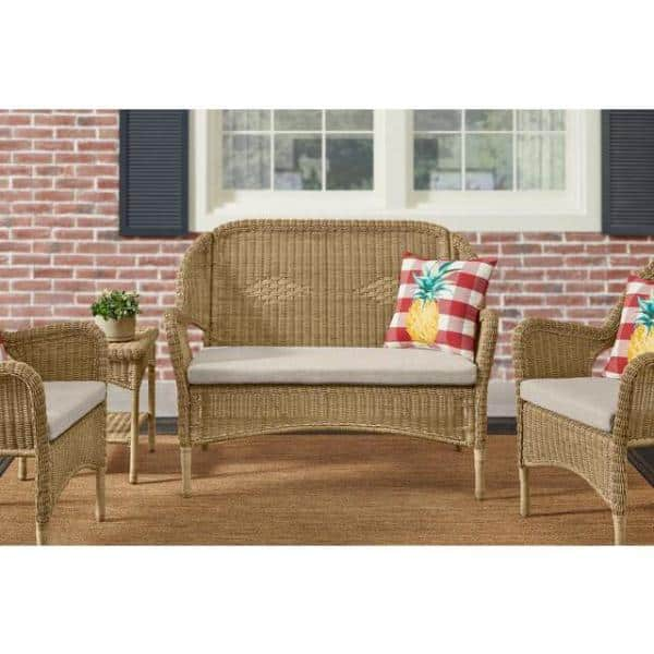 Hampton Bay Rosemont Light Brown Steel Wicker Outdoor Patio Loveseat with Putty Tan Cushion 65-913BR44-1