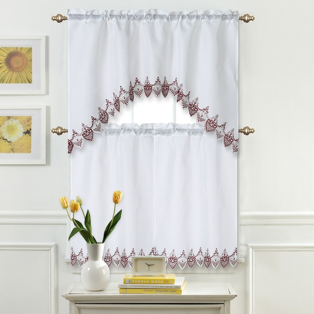 Home Décor Drapery Rod Pocket Lace Embroidered Kitchen Window Curtain Swag Valance and Tier Panel Set  Burgundy White Floral