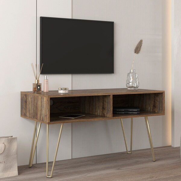 42 inch Modern Simple Small TV Stand with 2 CabinetandGolden Metal Legs