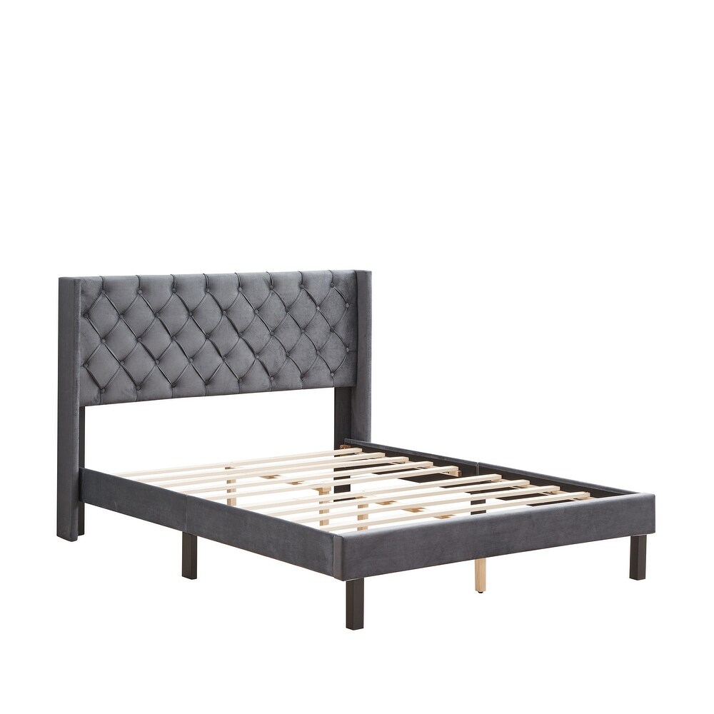 Velvet Button Tufted Upholstered Platform Queen Bed with Wings Design  Grey