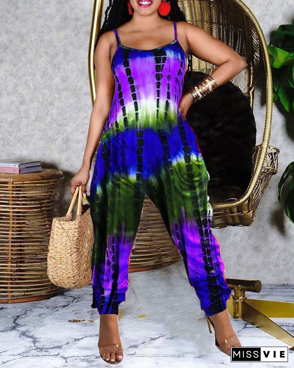 Tie Dye Print Pocket Design Casual Jumpsuit