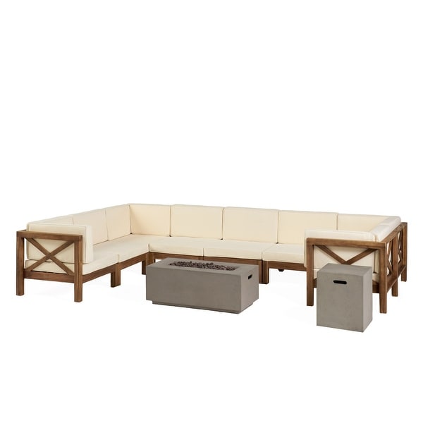 Brava Outdoor Acacia Wood 8 Seater UShaped Sectional Sofa Set with Fire Pit by Christopher Knight Home