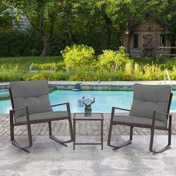 SUNCROWN 3Piece Outdoor Patio Brown Wicker Rocking Chairs Bistro Set