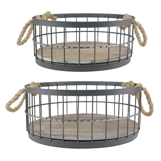 2pc Round Rustic Wood And Metal Basket Set Brown Stonebriar Collection