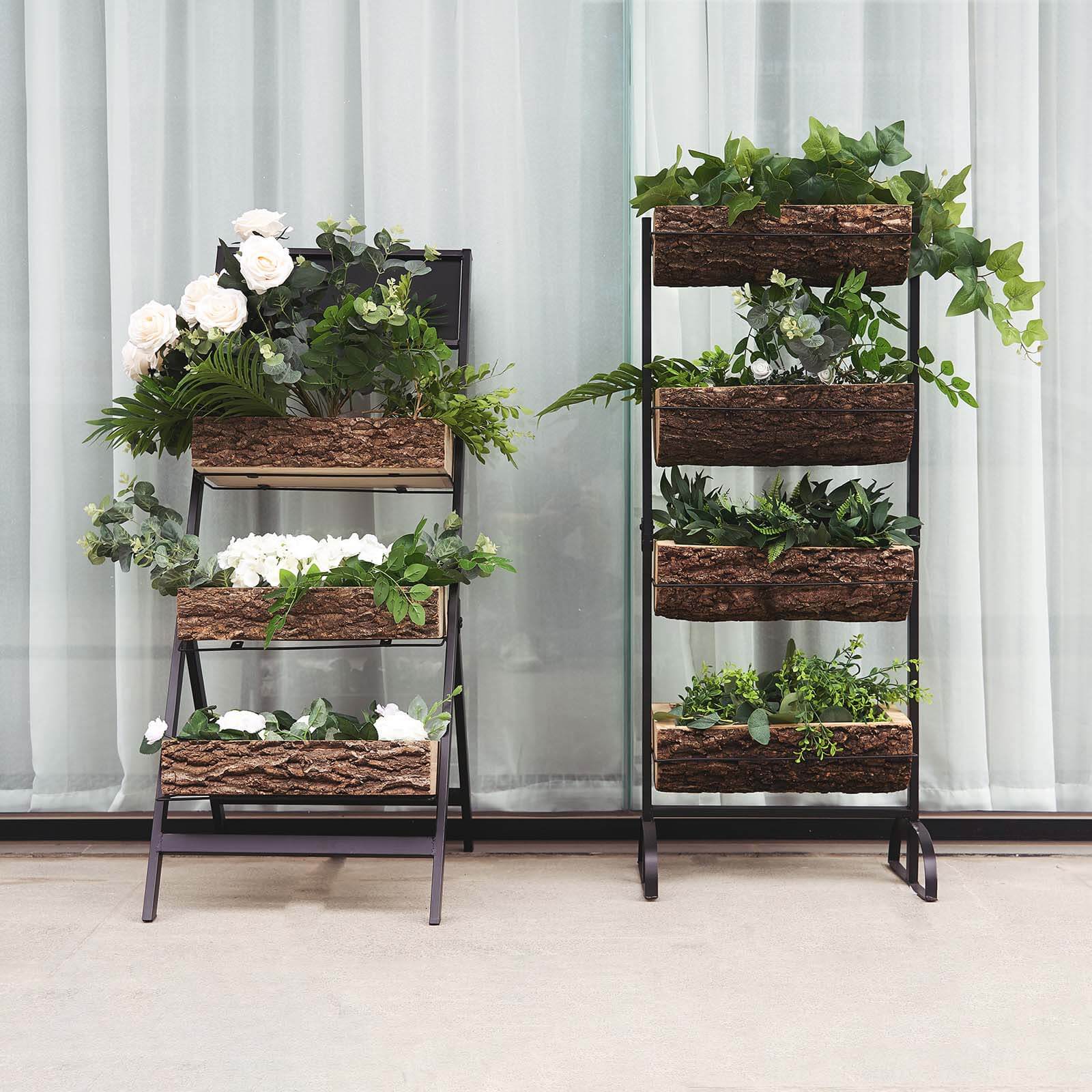 3-Tier Metal Ladder Plant Stand With Natural Wooden Log Planters 42