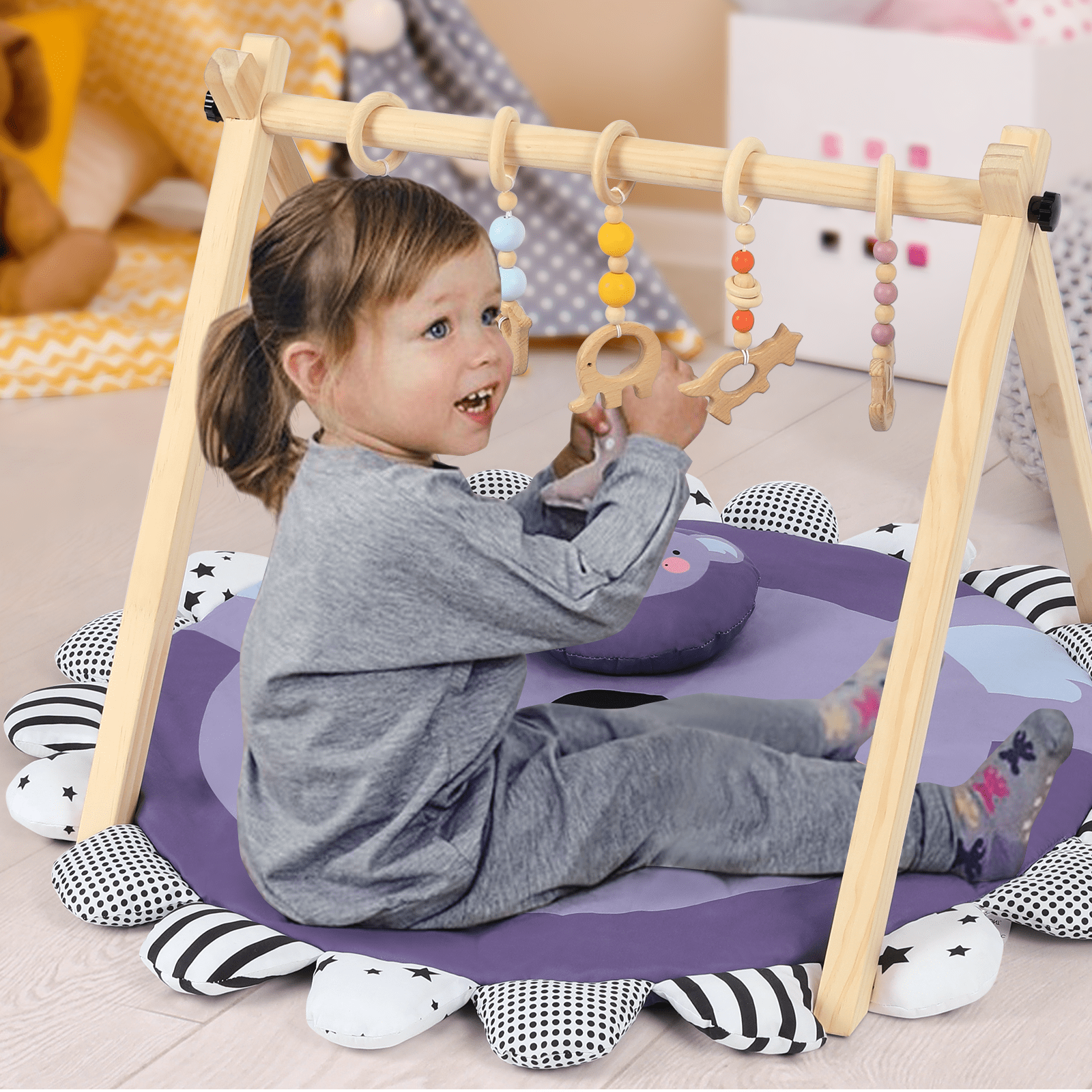 Cowiewie Wooden Play Gym， Activity Gym for Baby with 5 Hanging Toys and Play Mat， Purple