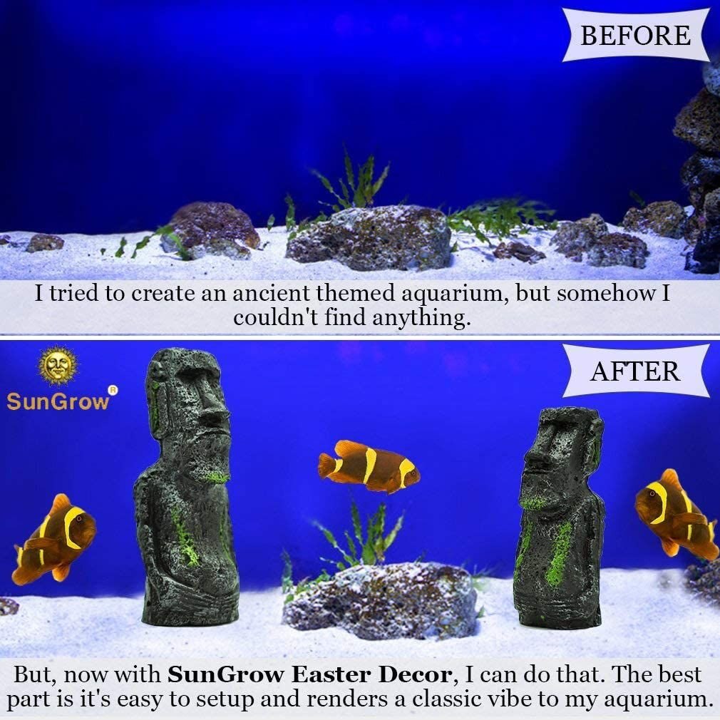 SunGrow Betta Fish Moai Easter Island Head Aquarium Ornament， 2-pack， 7-in and 5-in