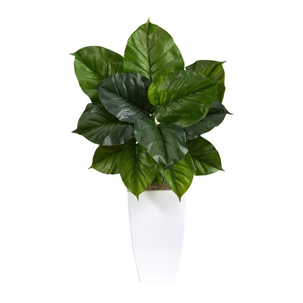 Nearly Natural 34-in Large Philodendron Leaf Artificial Plant In White Metal Planter