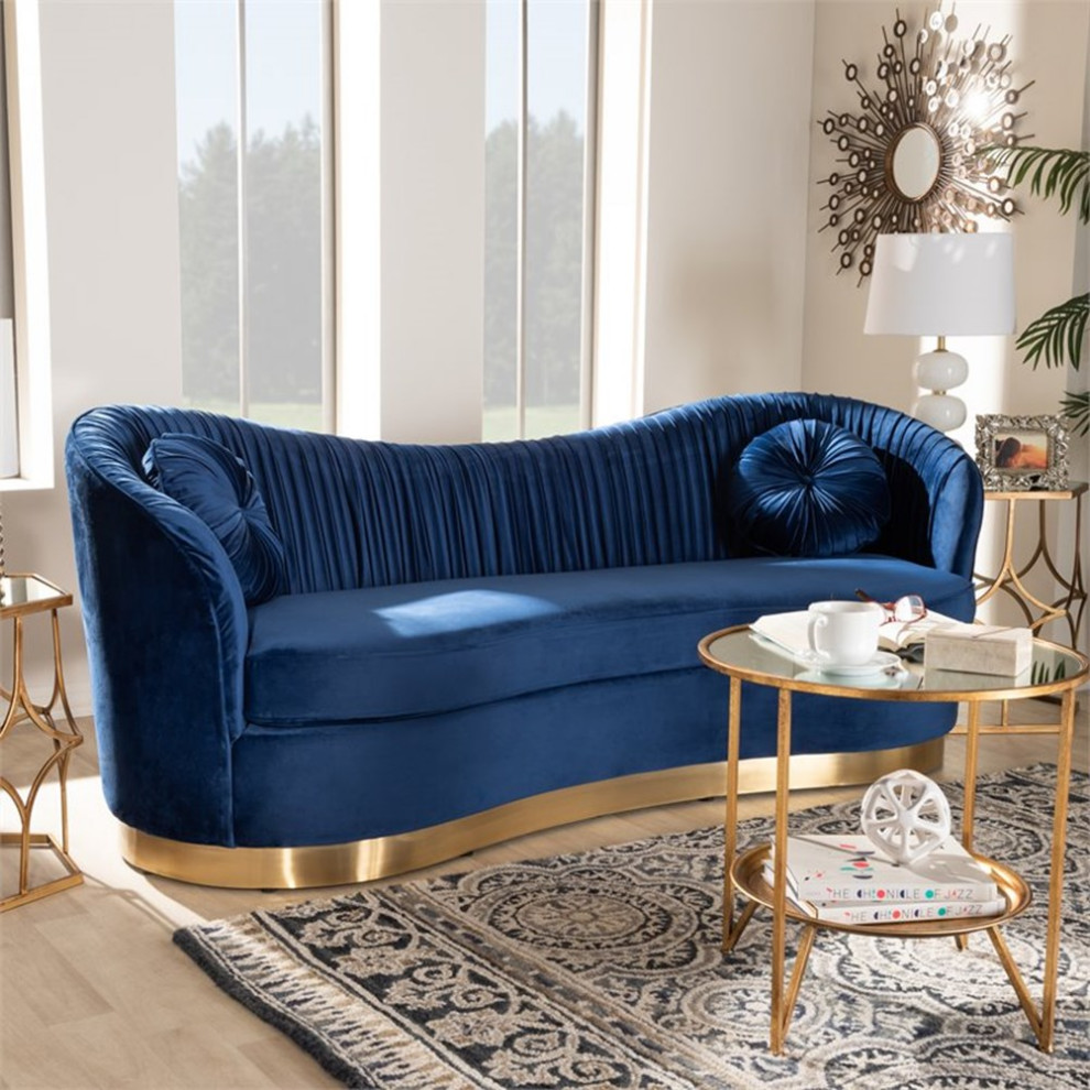 Bowery Hill 18.1 quotMid Century Velvet Upholstered Sofa in Royal Blue/Gold   Contemporary   Sofas   by Homesquare  Houzz