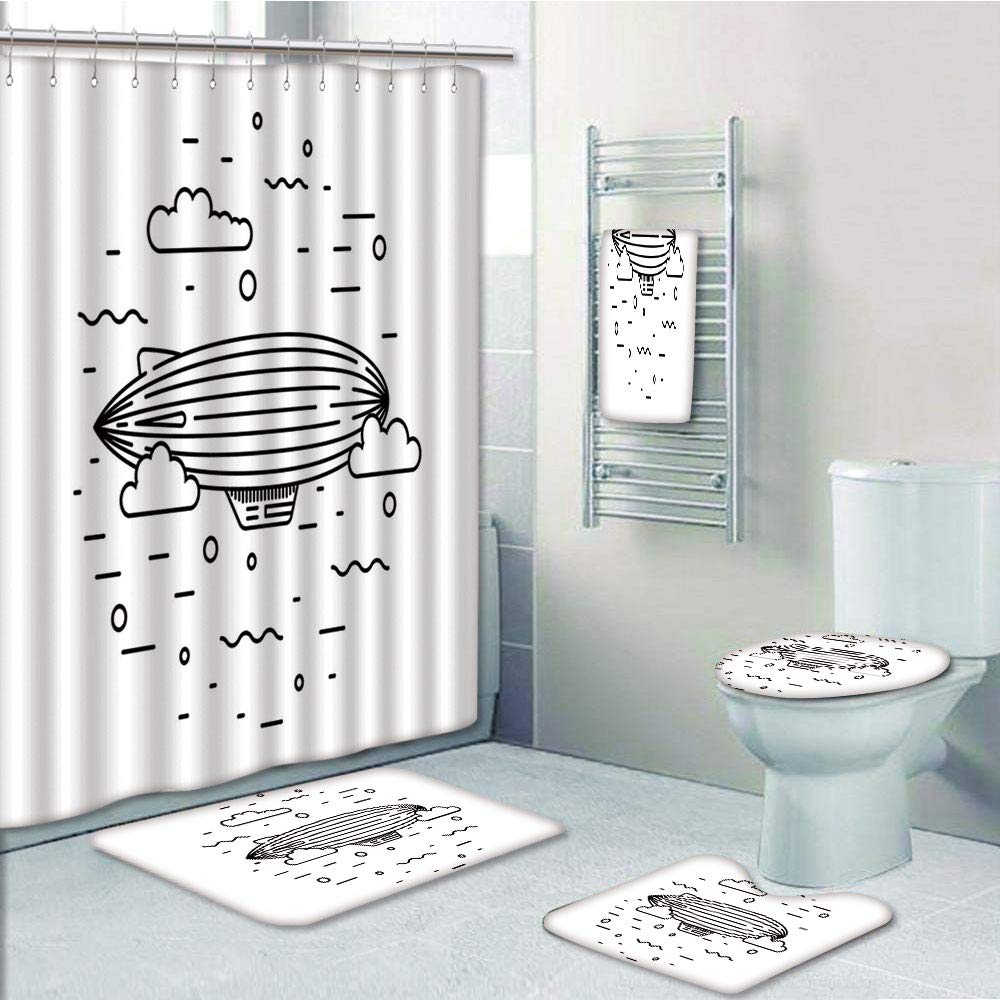 PRTAU Kids Decor Cute Heat Balloon with Clouds Circles Hand Sketch 5 Piece Bathroom Set Shower Curtain Bath Towel Bath Rug Contour Mat and Toilet Lid Cover