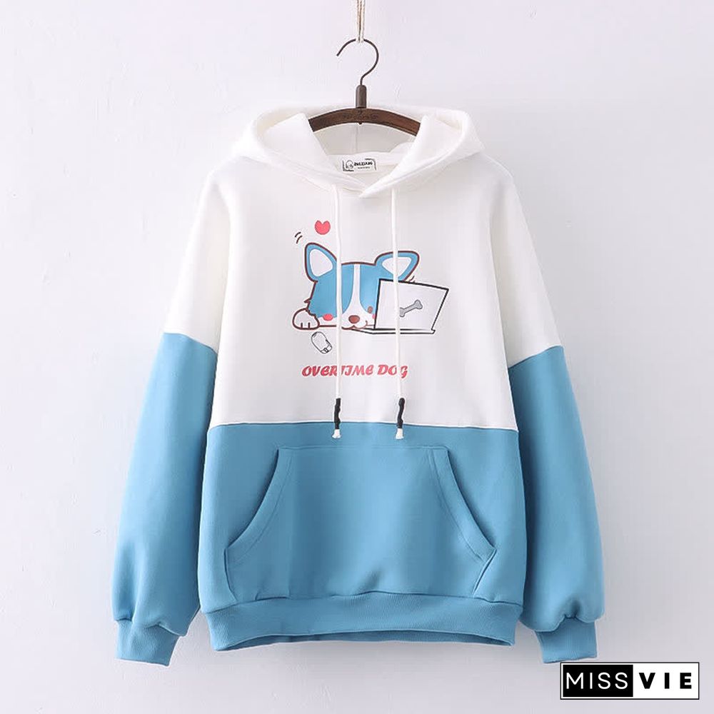 Puppy Print Colorblock Loose Plush Hoodie