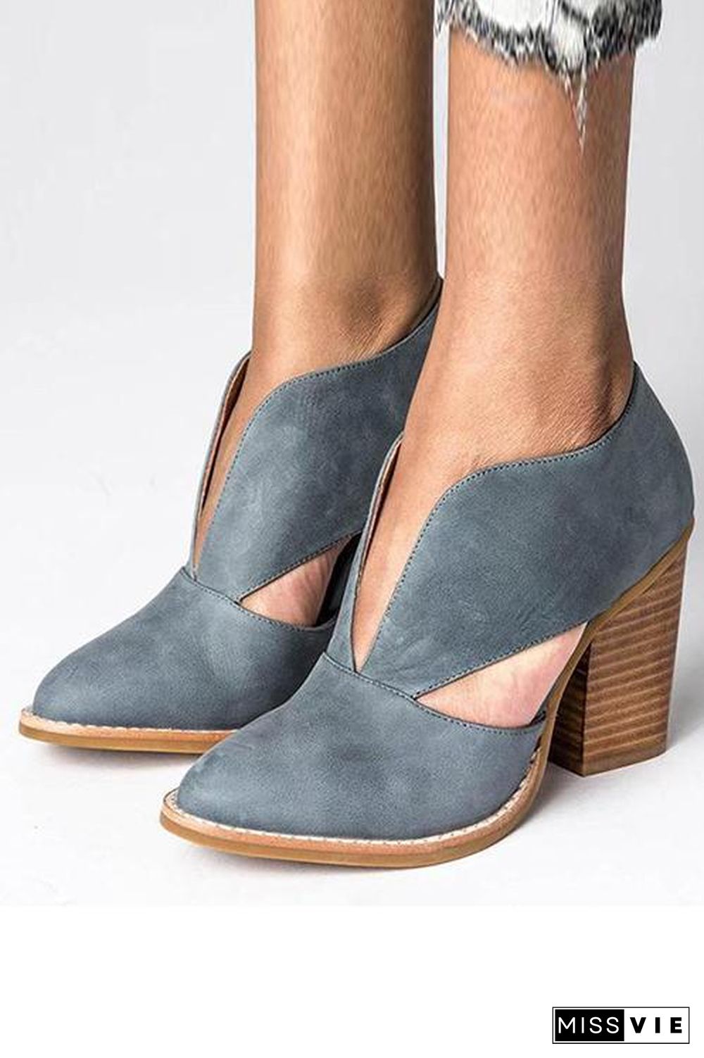 V Cutout  Chunky Heel Ankle Boots