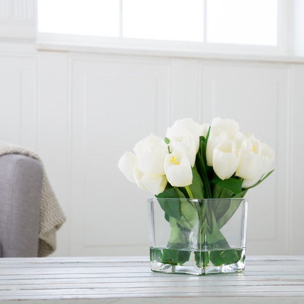 Nature Spring Tulip Floral Arrangement In Vase With 24 Artificial Flowers With Leaves In Decorative Clear Glass Square Bowl - Cream/green