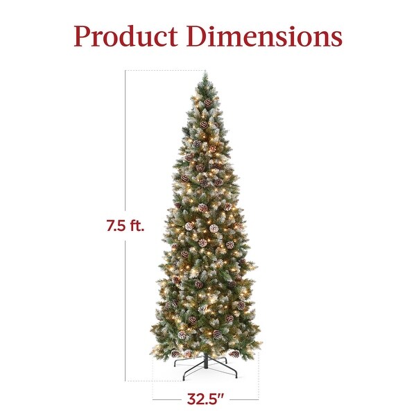 7.5ft Prelit Pencil Christmas Tree，Partially Flocked and Frosted Slim Holiday Tree Decoration，Skinny Xmas Tree，350 Lights