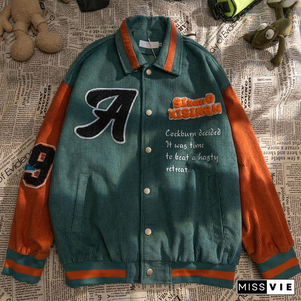 Flocked Embroidered Colorblock Corduroy Baseball Jacket