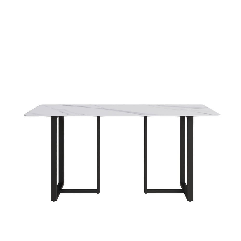 63'' Modern and Minimalist Rectangular Stone Dining Table  Black Metal Frame  Curved Corners