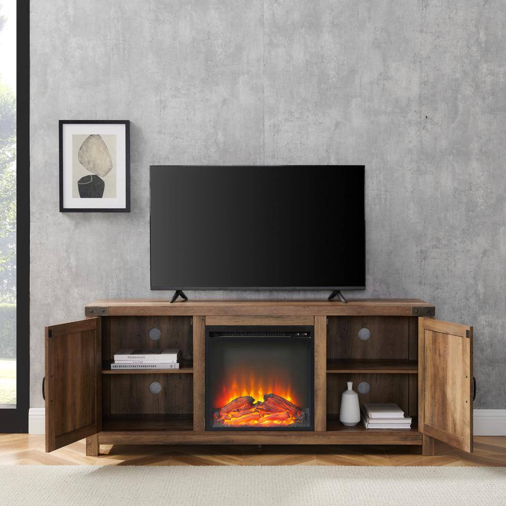 Walker Edison Furniture Company Barnwood Collection 58 in. Rustic Oak TV Stand fits TV up to 65 in. with Barn Doors and Electric Fireplace HD58FPBDRO