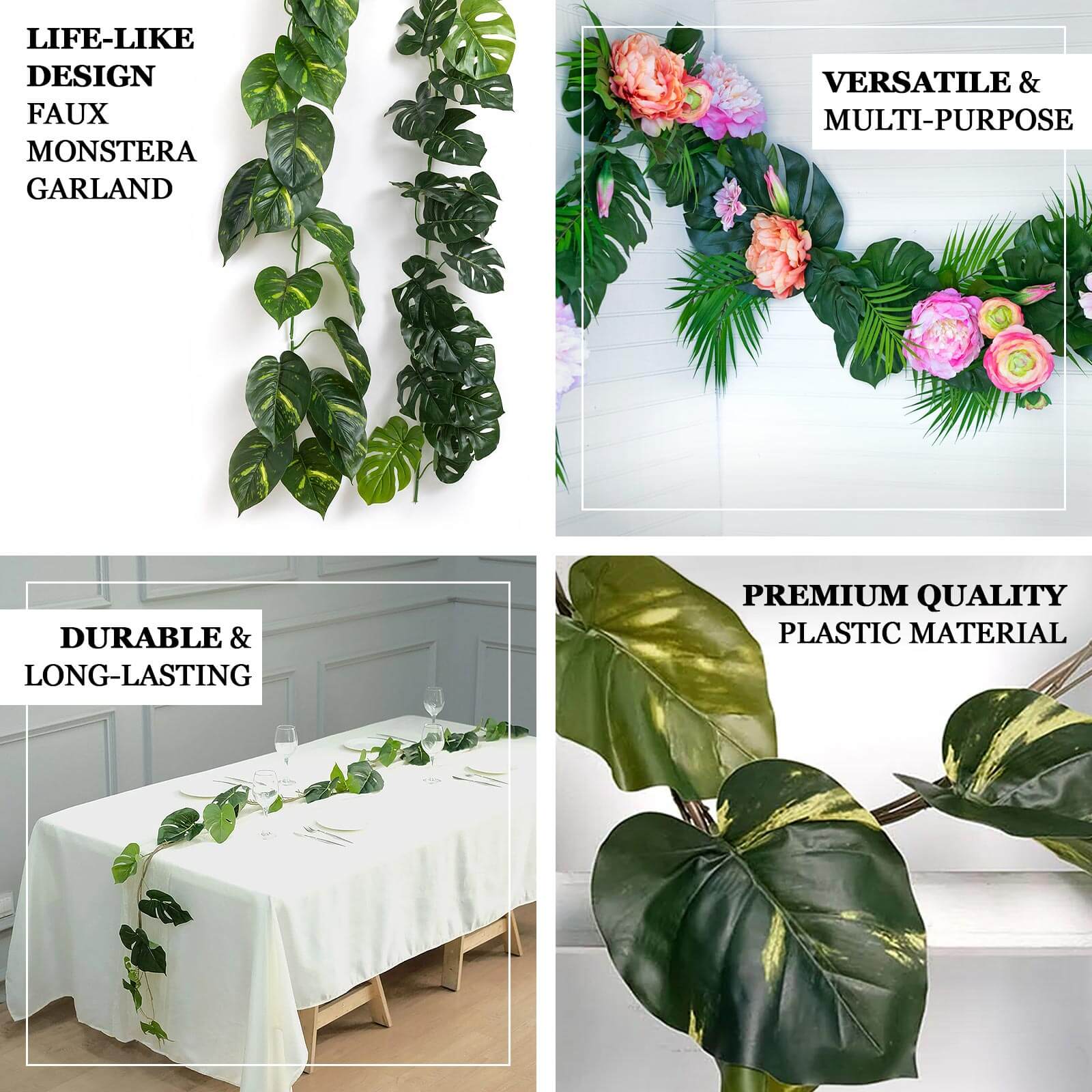 Light Green Artificial Monstera Leaf Garland Plant, Tropical Vine, Flexible Faux Hanging Jungle Safari Greenery 6ft