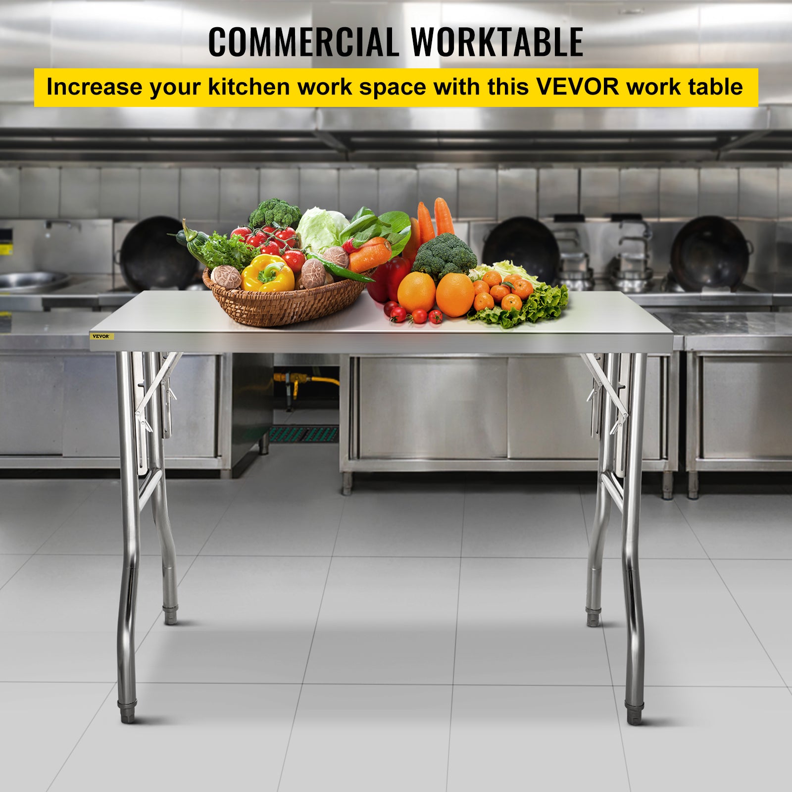 VEVOR Commercial Work Table Workstation 48 x 30 Inches Folding Commercial Prep Table， Heavy-Duty Stainless-Steel Folding Table with 661 lbs Load， Silver Stainless-Steel Kitchen Island