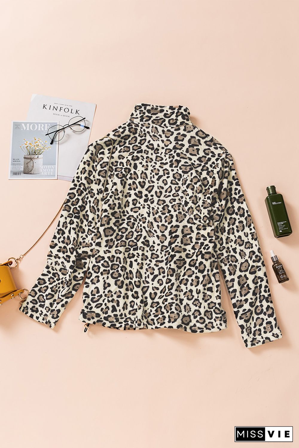 Leopard Print 1/4 Zip Turn-down Collar Sweatshirt