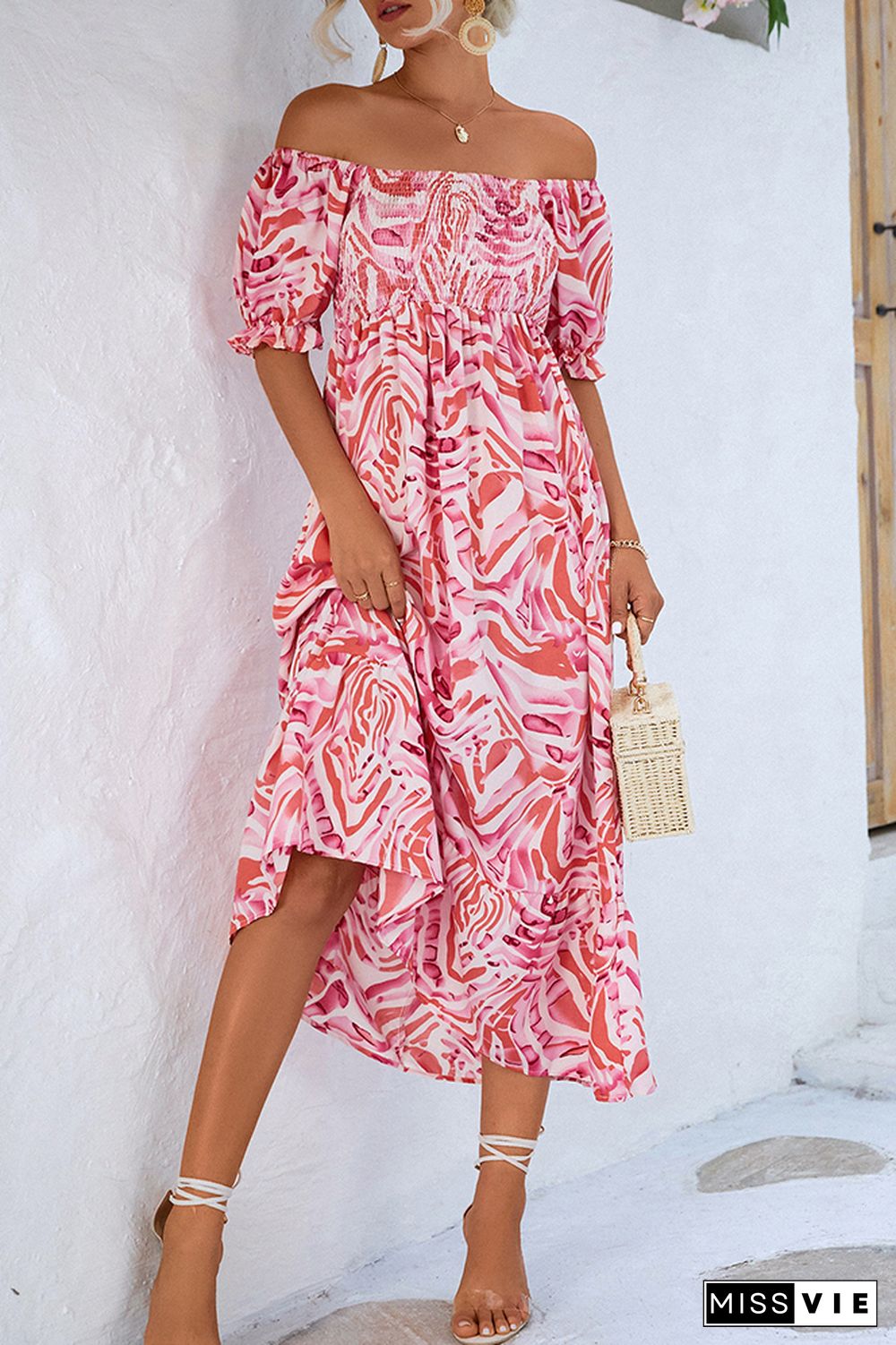 Off Shoulder Smocked High Waist Printed Maxi Dress